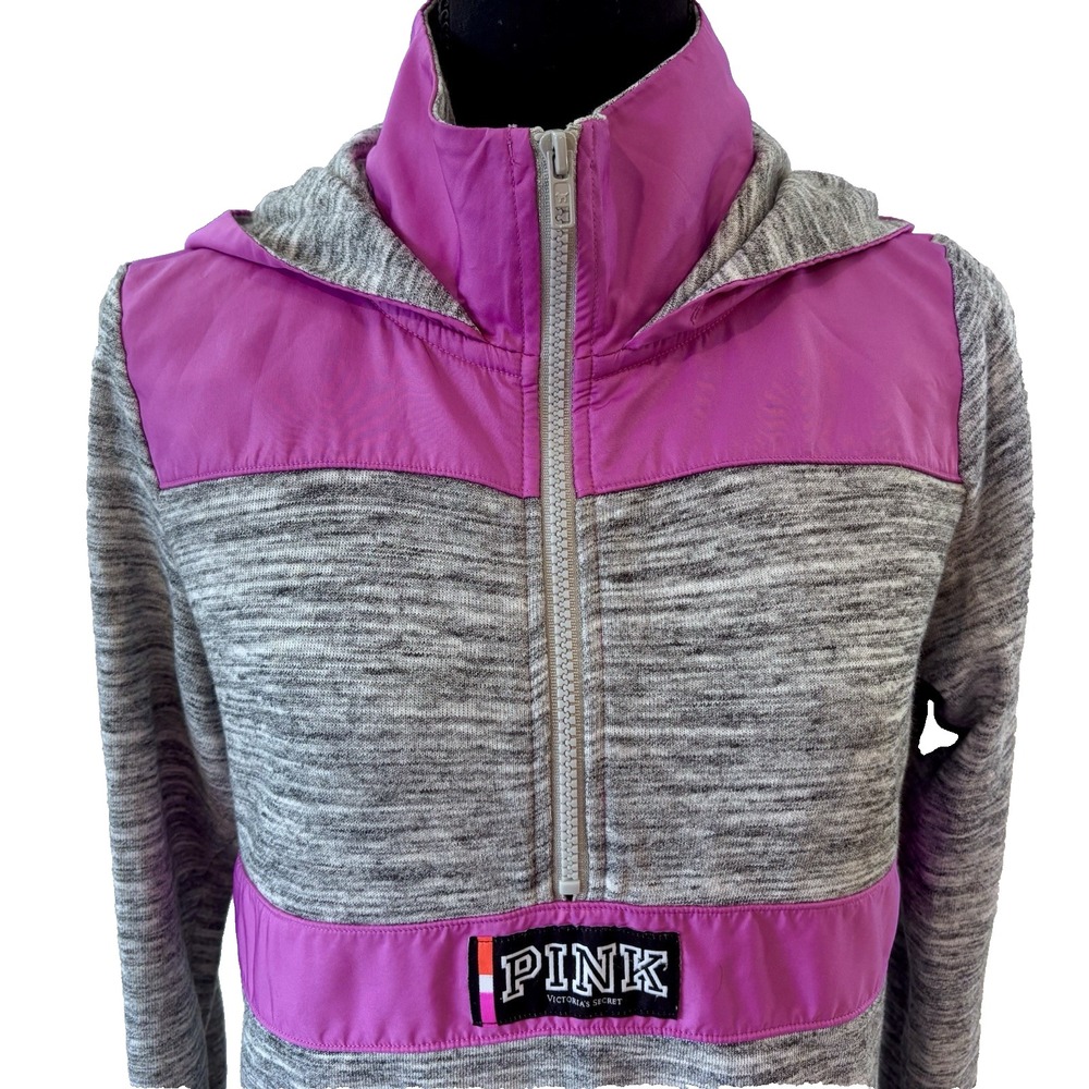 PINK Victoria's Secret Half Zip Pullover Hoodie Logo Patch Gray Pink Size XS